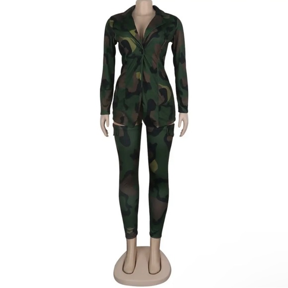 TWO PIECE SET Print Night Club 2 Piece Suit Women Camouflage Coat Elegant - Picture 2 of 3